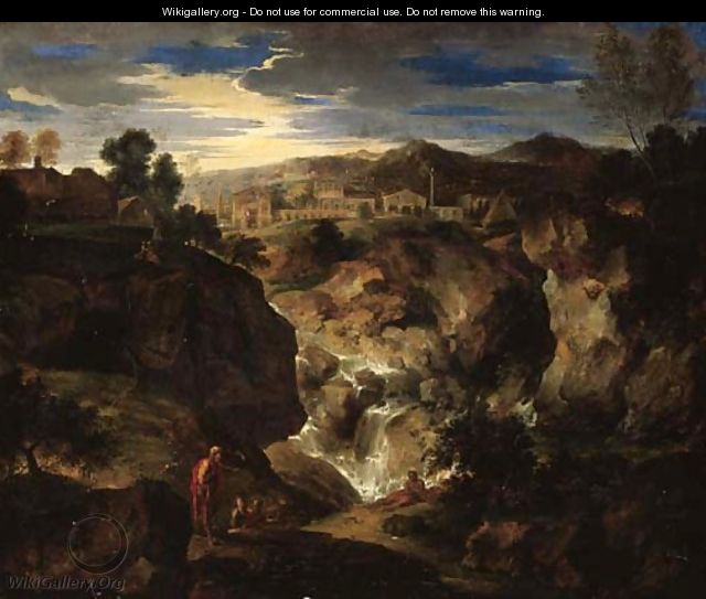 A rocky landscape with figures by a waterfall and a town beyond - (after) Gaspard Dughet Poussin