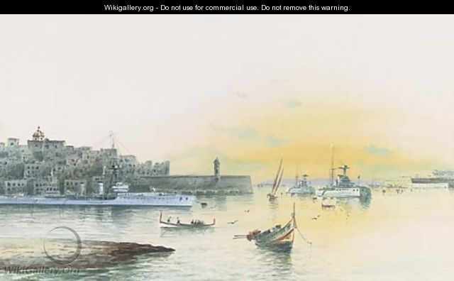 Battleships lying at anchor in Grand Harbour, Valetta - (after) Gaetano Esposito