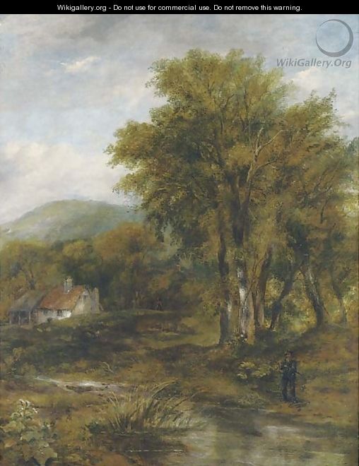 An angler in a wooded river landscape, a cottage beyond - (after) Frederick Waters Watts