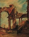 A capriccio of a ruined arch and colonnade, a dome beyond - (after) Giacomo Guardi