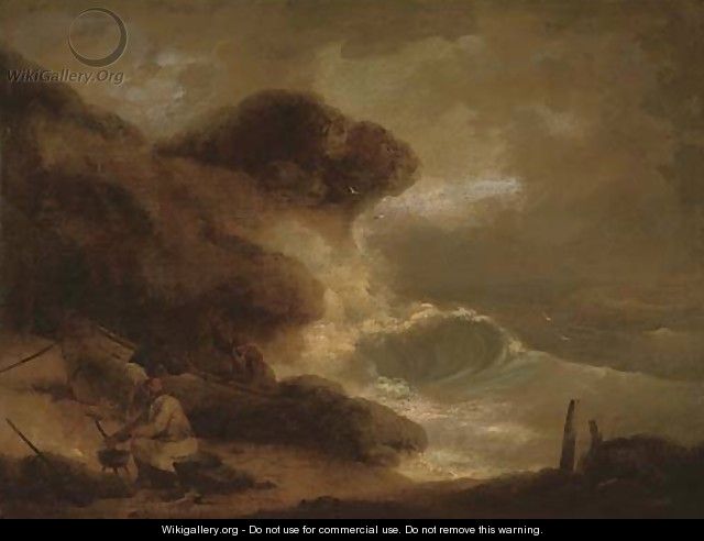 Fisherman cooking while others repair a boat in a storm - (after) George Morland