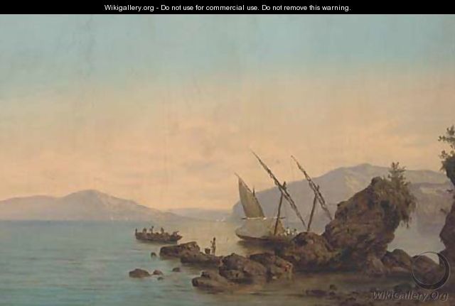 A xebec moored in the bay of Naples, her crew fishing from a longboat - (after) Giovanni Serritelli
