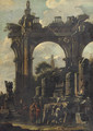 An architectural 'capriccio' with ancient ruins and two figures discussing a bass relief - (after) Giovanni Ghisolfi