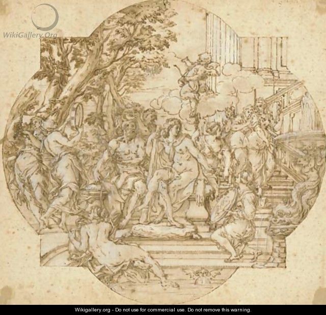 Hercules and Omphale with nymphs on a staircase leading to a fountain Design for a compartment - (after) Giovanni Francesco Romanelli