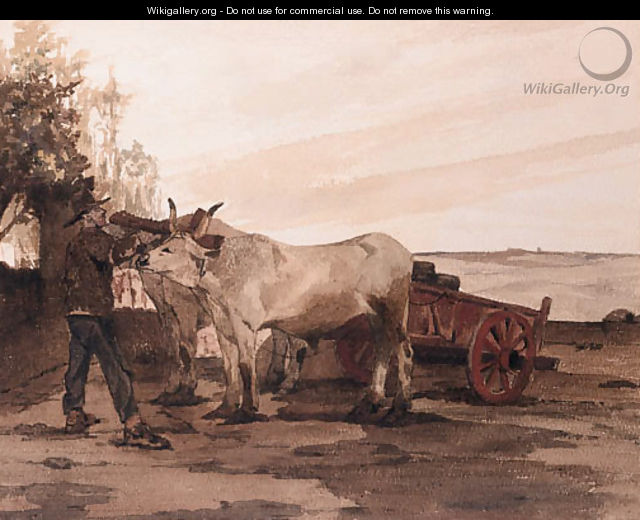 Oxen in a Field with a Farmer adjusting their Harness - (after) Giovanni Fattori