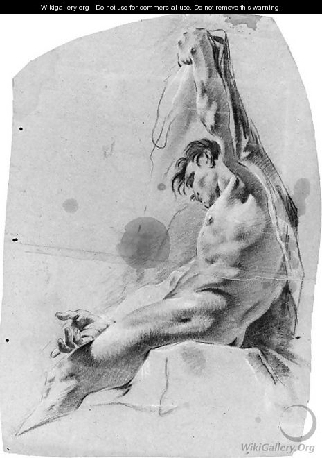 A seated nude in profile to the left raising his left arm - (after) Giovanni Battista Piazzetta