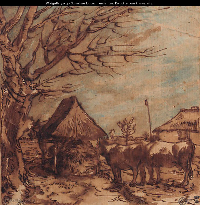Two cows by a covered haystack under a pollarded tree - (after) Gillis Claesz. De Hondecoeter