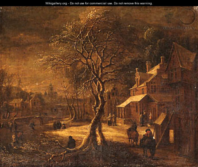 A Winter Landscape with Travellers on a Path in a Village, a frozen Waterway nearby - (after) Daniel Van Heil