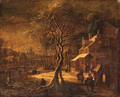 A Winter Landscape with Travellers on a Path in a Village, a frozen Waterway nearby - (after) Daniel Van Heil
