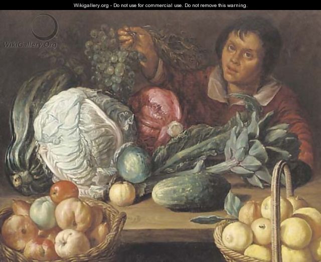 A still life of vegetables and fruit with a youth holding a bunch of grapes - (after) Cornelis Willemsz. Eversdyck