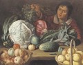 A still life of vegetables and fruit with a youth holding a bunch of grapes - (after) Cornelis Willemsz. Eversdyck