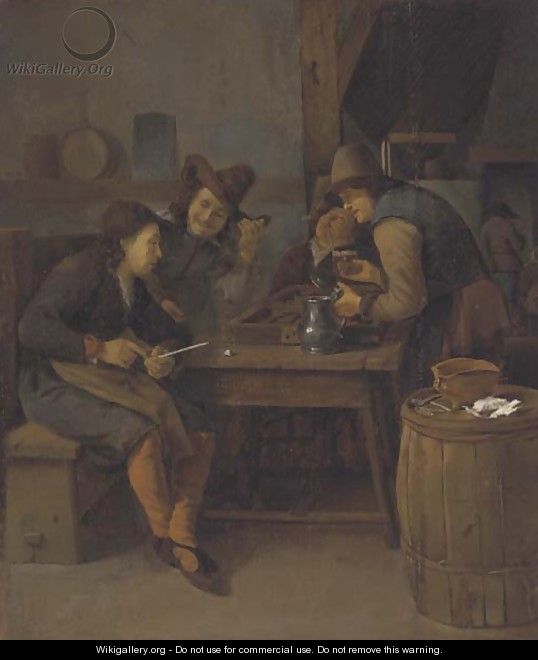 A tavern interior with men drinking, smoking and playing backgammon - (after) Cornelis Schaeck