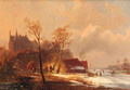 A winter landscape with skaters and a faggot-gatherer by a fortified mansion - (after) Cornelis Petrus 