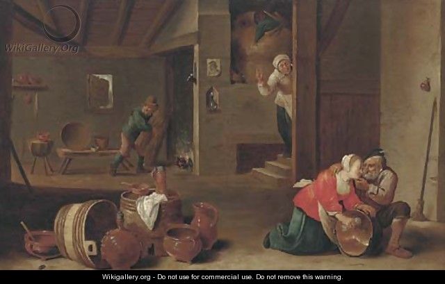 A kitchen interior with peasants - (after) Cornelis Mahu