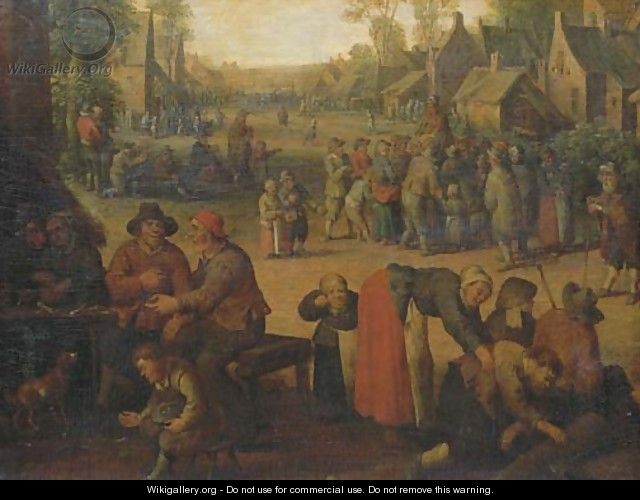 A village scene with numerous peasants and a travelling merchant beyond - (after) Cornelis Droochsloot