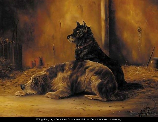 Two dogs in a barn - (after) Edwin Armfield