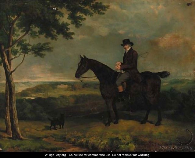 A gentleman on a hunter, with a terrier, Harewood House beyond - (after) Eddis, Eden Upton
