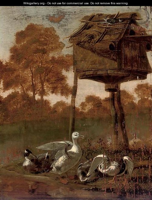 Ducks by a stream with a dovecote - (after) Dirck Wijntrack