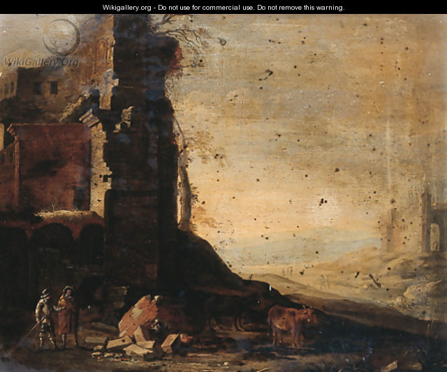 Travellers by classical ruins in an Italianate landscape - (after) Dirck Verhaert