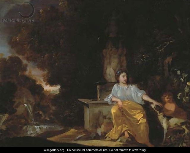 Venus and Cupid awaiting Adonis by a fountain - (after) Dirck Van Der B Lisse