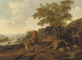 Travellers on a road by a waterfall, a rivervalley beyond - (after) Dionys Verburgh