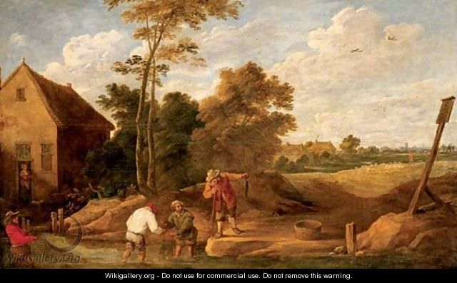 Figures fishing in a stream by a cottage - (after) David The Younger Teniers