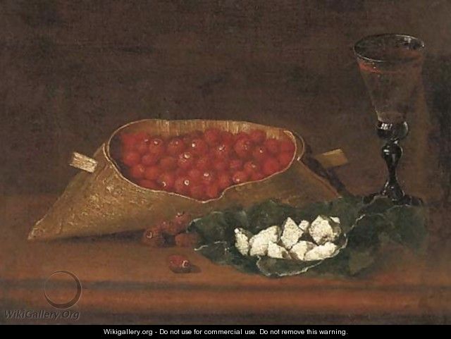 Strawberries and a glass of wine on a wood ledge - (after) Galizia Fede