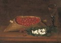 Strawberries and a glass of wine on a wood ledge - (after) Galizia Fede