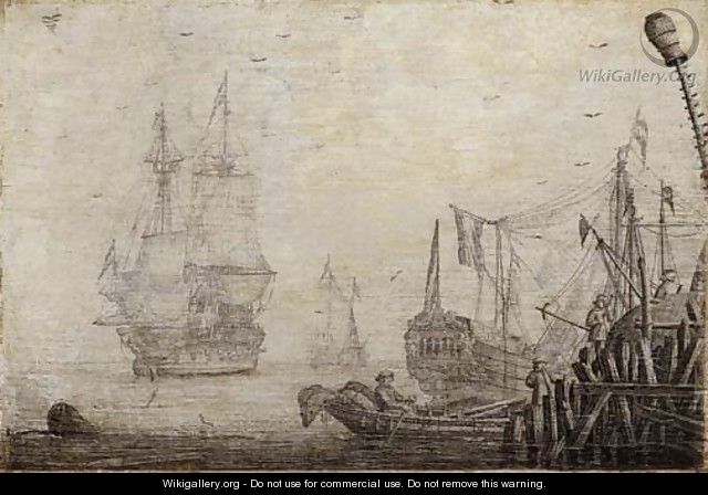 A penschilderij Shipping in a harbour with figures on a quay in the foreground - (after) Experiens Sillemans