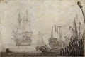 A penschilderij Shipping in a harbour with figures on a quay in the foreground - (after) Experiens Sillemans