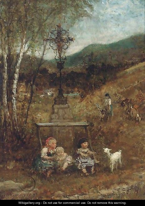 Children with a kid in a landscape - (after) Francesco Paolo Michetti