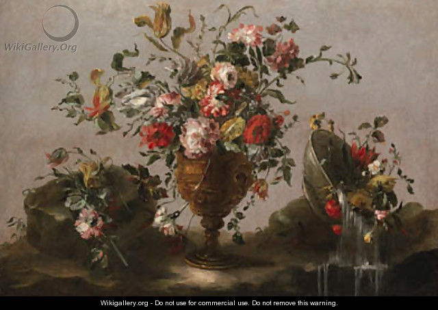 Parrot tulips, roses and other flowers in an urn, flowers in a bowl with water spilling out and a bunch of flowers on a rocky bank - (after) Francesco Guardi