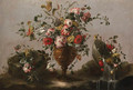 Parrot tulips, roses and other flowers in an urn, flowers in a bowl with water spilling out and a bunch of flowers on a rocky bank - (after) Francesco Guardi