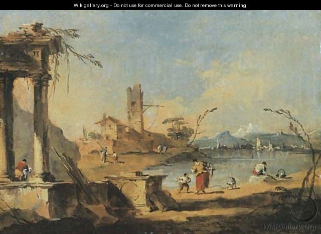 A capriccio of ruins on the Venetian laguna with washerwomen and other figures, mountains beyond - (after) Francesco Guardi