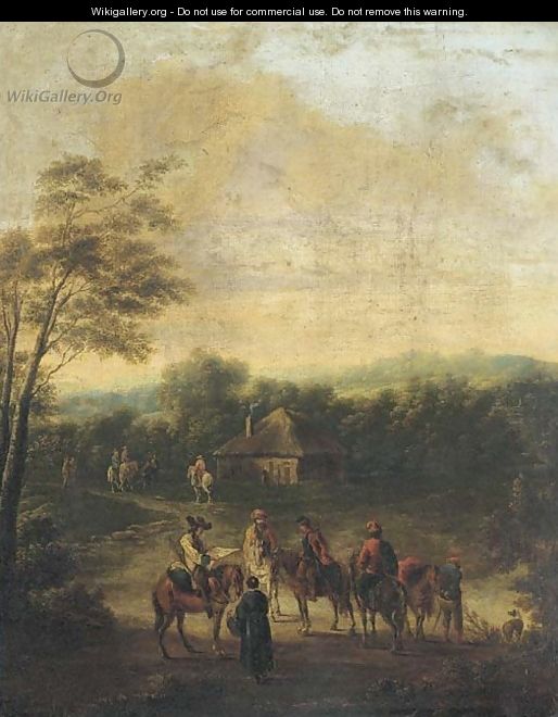 A wooded landscape with horsemen at halt by a cottage - (after) Francesco Giuseppe Casanova