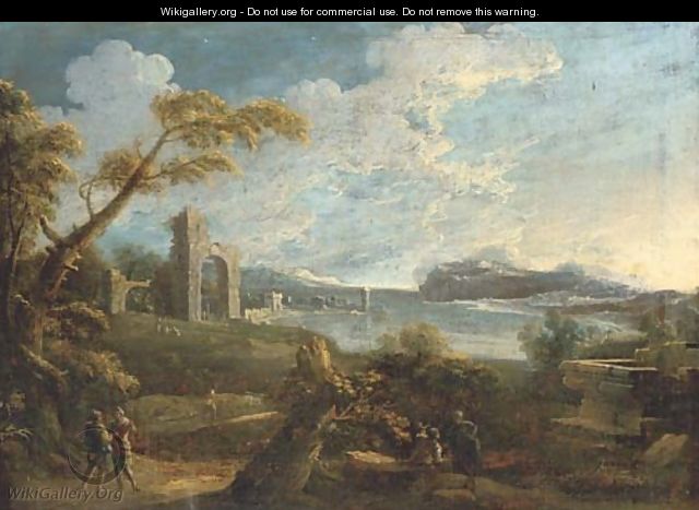 An Italianate landscape with figures on a track and classical ruins beyond - (after) Antonio Carlo Tavella, Il Solfarola