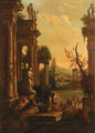 A classical landscape with soldiers and washerwomen resting by a fountain - (after) Pierre-Antoine Patel