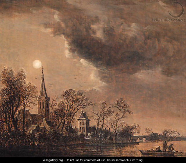 A river landscape with a fishing boat near a village by moonlight - (after) Anthony Jansz Van Der Croos