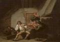 The Sense of Taste Boors drinking and smoking by a fireplace in an inn - (after) Anthonie Victorijns