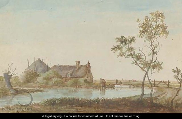 A farmhouse on a river bank - (after) Anthonie Erkelens