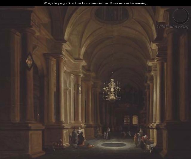 A darkened church interior with children playing and elegant figures conversing - (after) Anthonie De Lorme