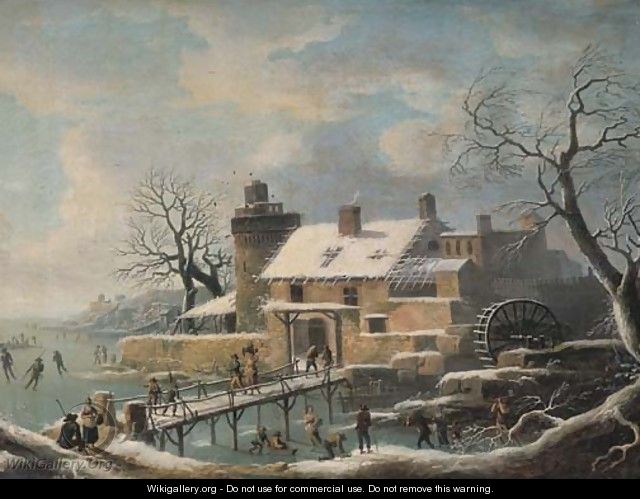 A winter landscape with skaters on frozen water and travellers on a bridge, a village with a watermill nearby - (after) Andries Vermeulen
