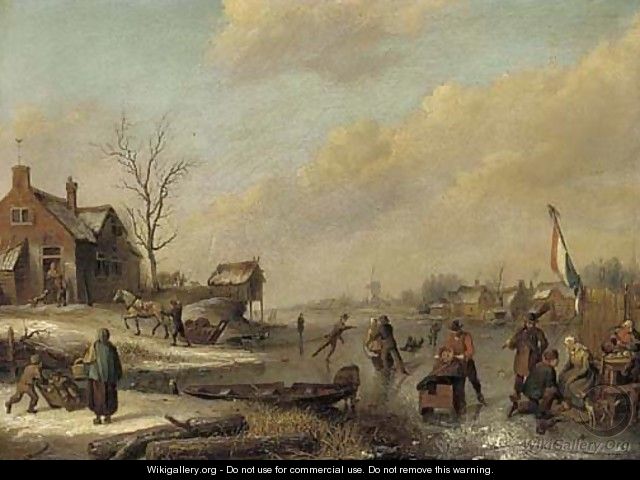 A frozen river with townsfolk skating and sledging - (after) Andries Vermeulen