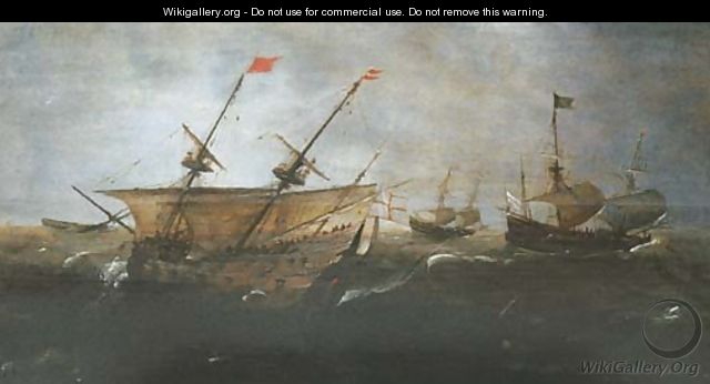 Merchantmen at sea in a gale - (after) Andries Van Eertvelt