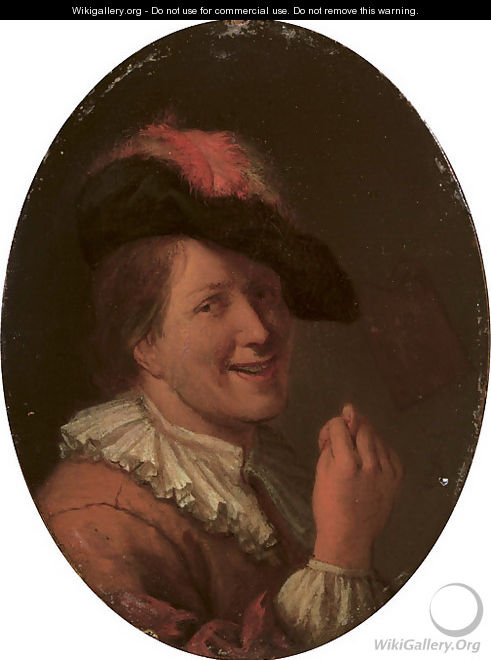 A man in a plumed hat making an obscene gesture - (after) Arie De Vois