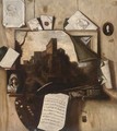 A trompe l'oeil of paintings, a drawing, an artist's palette, letters and a sheet of music - (after) Antonio Mara, Lo Scarpetta