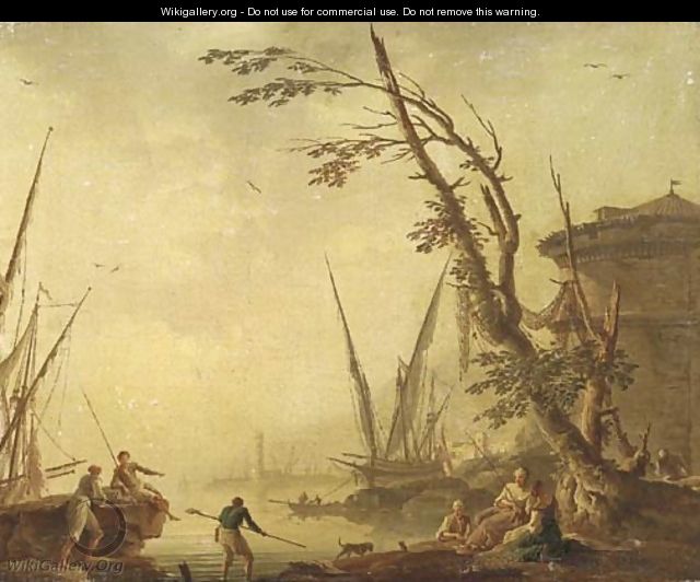 A Mediterranean port with figures on the shore - (after) Charles Francois Lacroix De Marseille