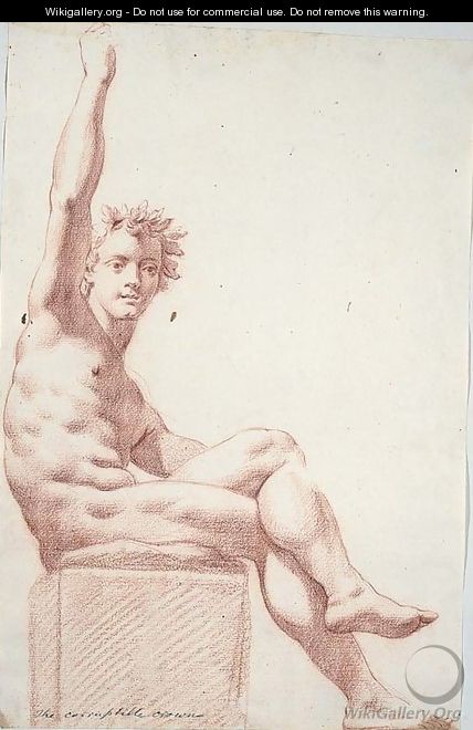 A seated nude wearing a crown of oak leaves, his right arm raised - (after) Cesare Dandini
