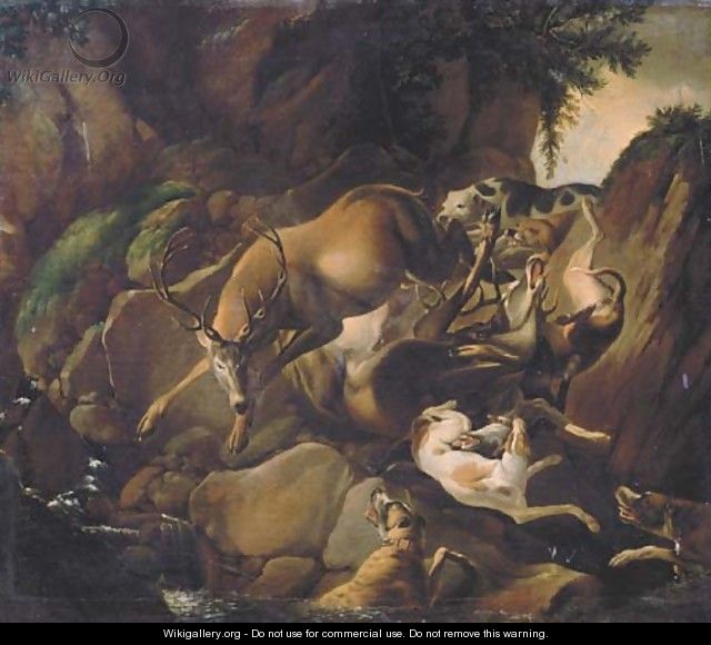 Hounds attacking two deer in a rocky river landscape - (after) Carl Borromaus Andreas Ruthart