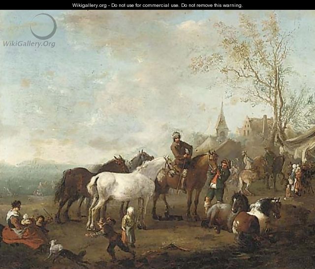 Figures and horses in a landscape - (after) Carel Van Falens Or Valens